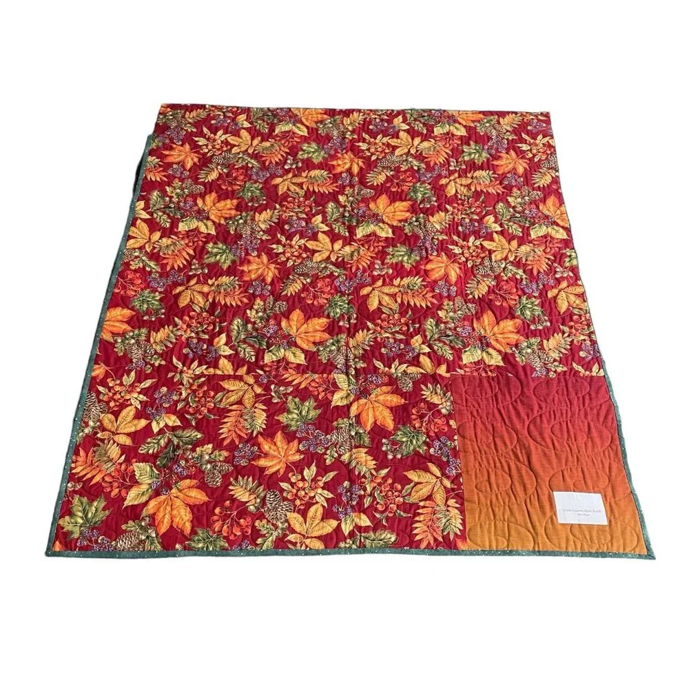 Handmade Harvest Lap Quilt Split Rail Greens & Browns Fall Leaf Berries  43 x 52